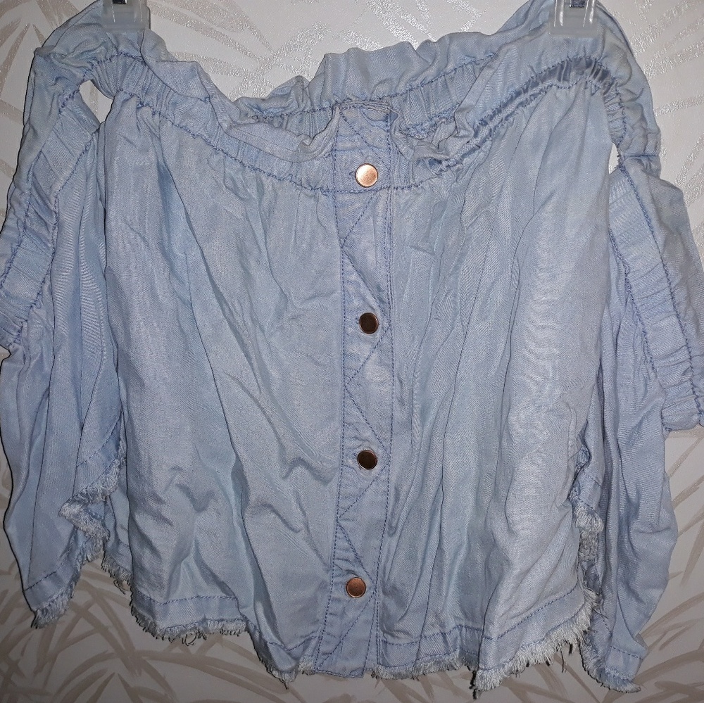 Silky Blue Denim Off The Shoulder Top